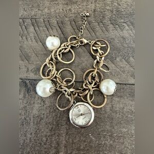 New York and Company Elegant Gold Bracelet Watch with Pearls